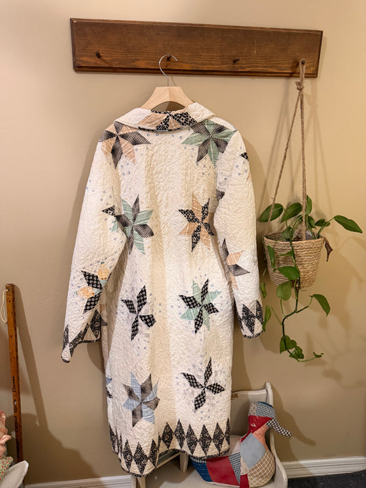 Vintage Quilted Star Duster Coat — Long Patchwork Duster Jacket | Size XL