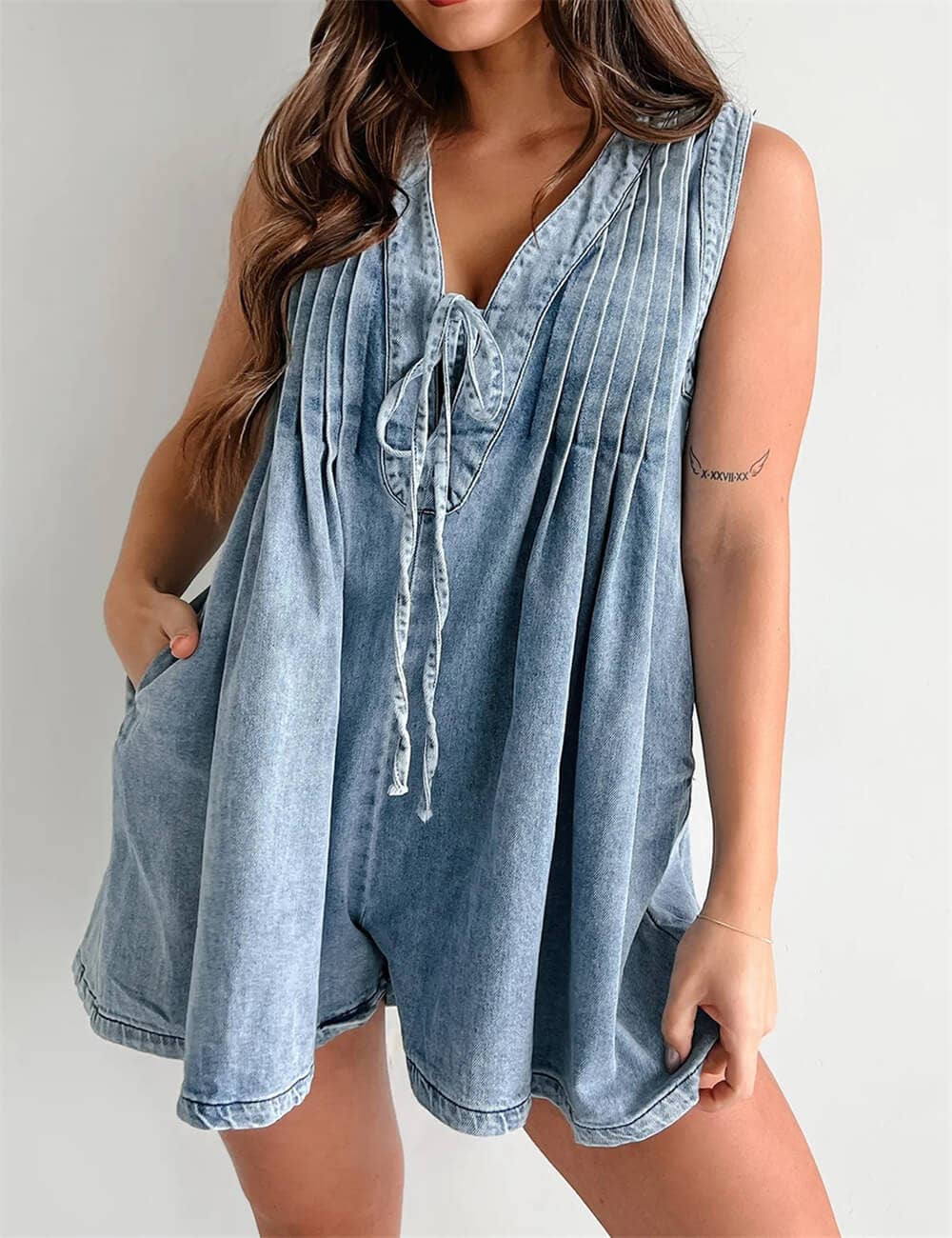 Tie-Front Denim Romper – Light & Dark Wash