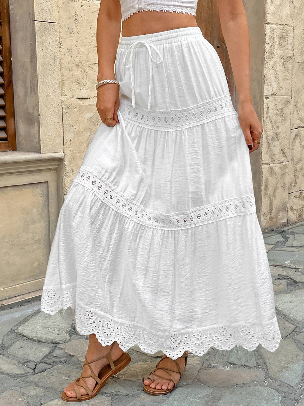 White Tiered Eyelet Lace Maxi Skirt