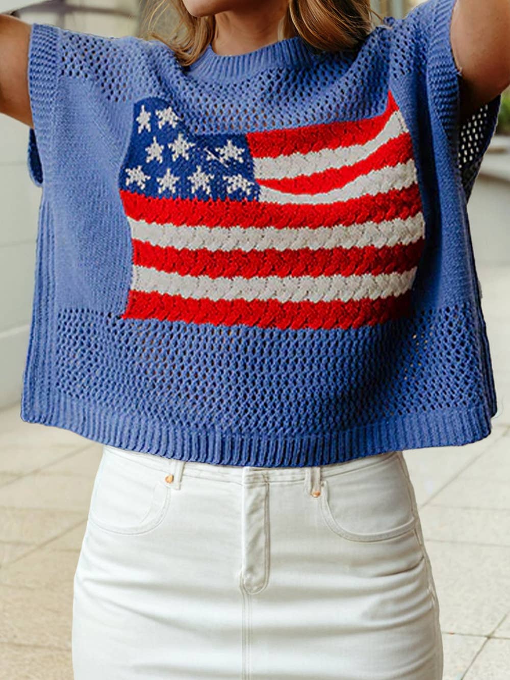 Sky Blue Flag Graphic Short Sleeve Sweater Top