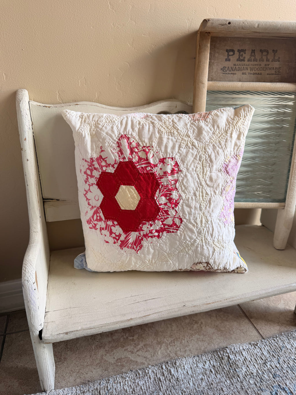 Title: Crimson Bloom Quilt Pillow – Vintage Patchwork