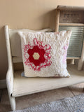 Title: Crimson Bloom Quilt Pillow – Vintage Patchwork