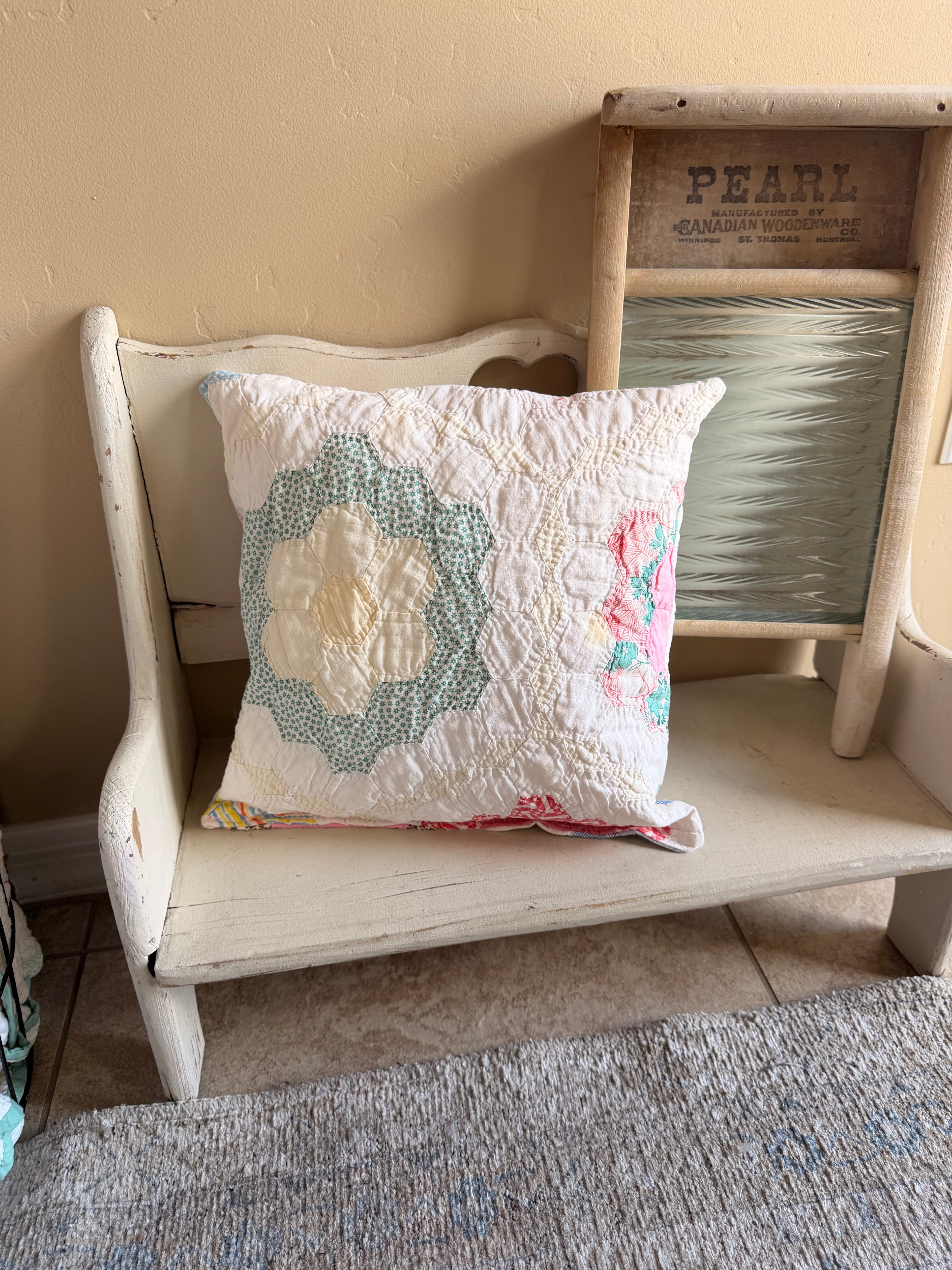 Title: Crimson Bloom Quilt Pillow – Vintage Patchwork