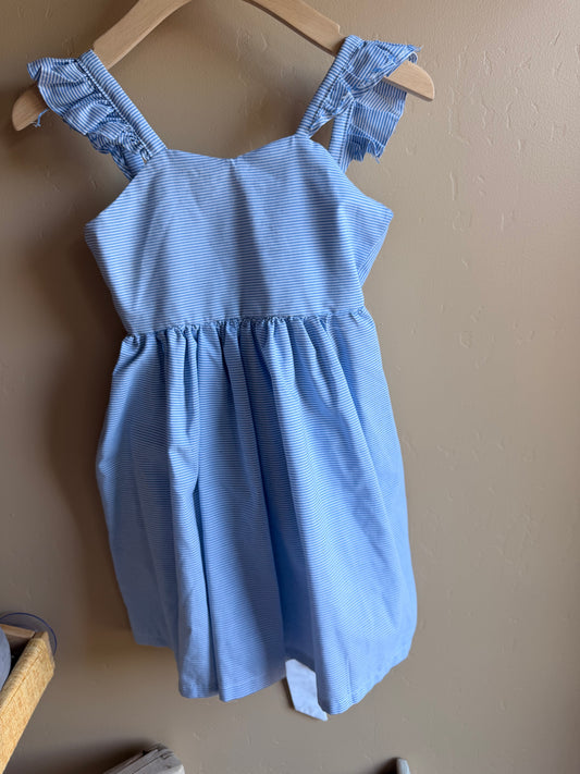 Handmade Blue & White Striped Girls Dress — Ruffle Straps & Waist Tie | Size 6