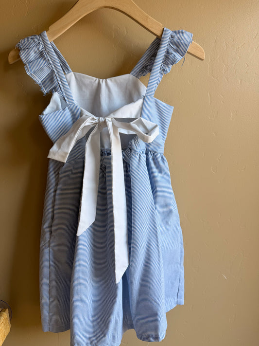 Handmade Blue & White Striped Girls Dress — Ruffle Straps & Waist Tie | Size 6