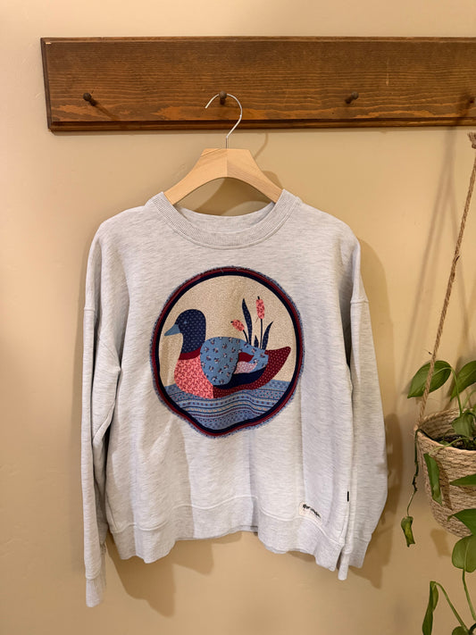 Heather Grey Crewneck Sweatshirt — Patchwork Duck Applique | Size Medium