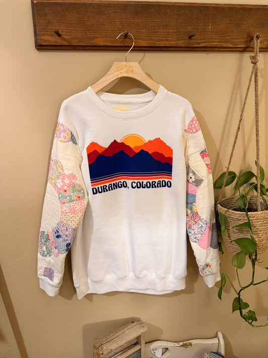 Durango, Colorado Graphic Sweatshirt — Quilted Patchwork Sleeves | Size Large