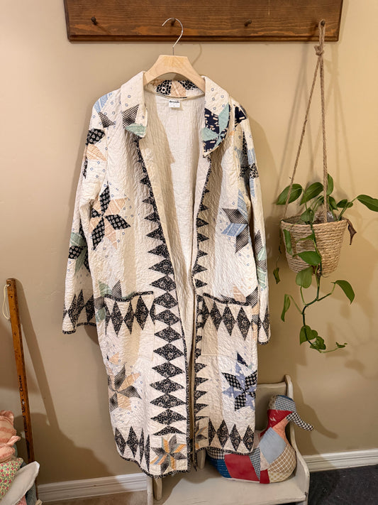 Vintage Quilted Star Duster Coat — Long Patchwork Duster Jacket | Size XL